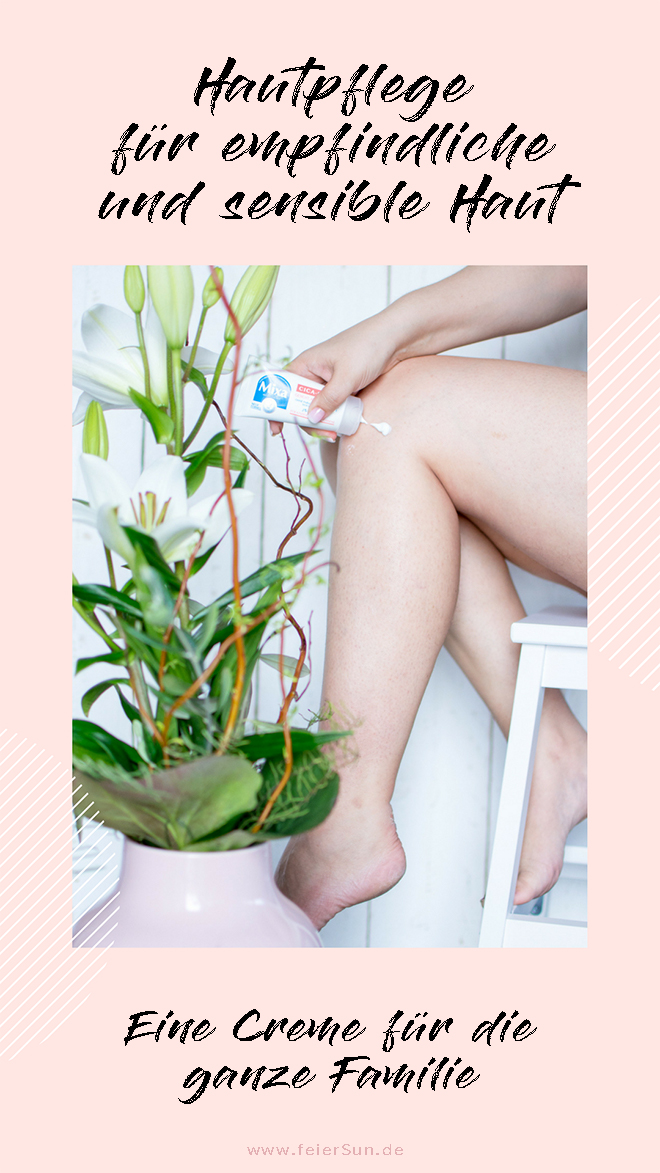 Ein Bild zum Pinnen auf Pinterest welches zeigt, wie eine Frau - die Autorin - die vorgestellte Mixa Cica Creme auf dem Knie aufträgt. Dabei steht eine Blume an ihren beinen in einer großen Vase. 
