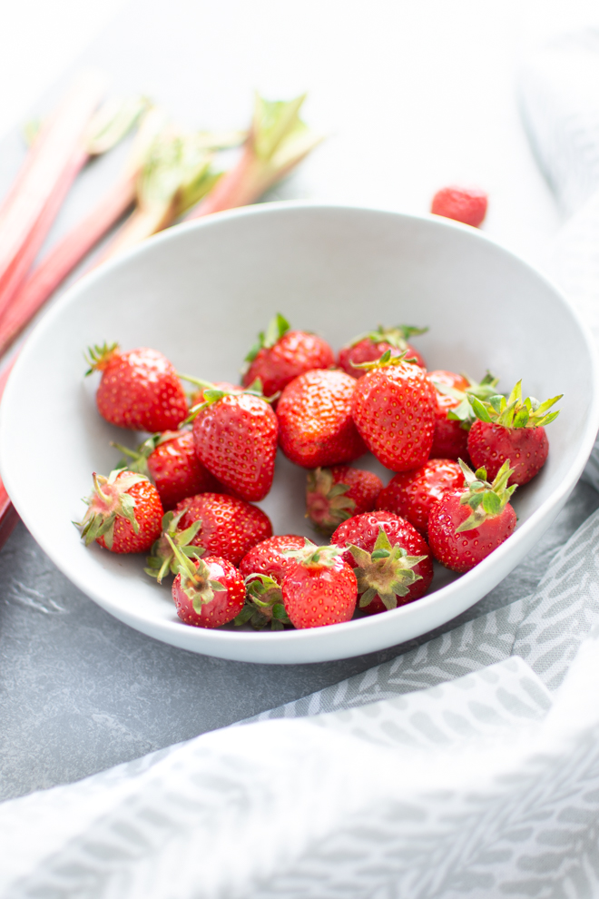 graue schale gefüllt mit erdbeeren an Rhabarber liegen in der sonne