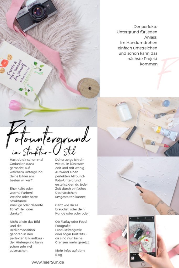 Anleitung DiY Fotountergrund | Ohne viel Aufwand deinen perfekten Untergrund für Fotos aller Art. Ob Flatlays, Food-Fotos, Produktfotografie oder um deine DiYs zu zeigen, ich zeige dir in dieser Anleitung wie einfach du deinen ganz individuellen Untergrund selber gestalten kannst.

Foodstyling, Fotountergrund, Fotostyling, Props & Requisiten. Backdrop | #feierSun #feierSunDiY #feierSunPhotography