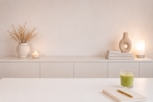 Aufgeräumter heller Schreibtisch mit Notizbuch, Stift und Matcha – minimalistisches Home-Office-Setup für Minikurs-Aufnahmen