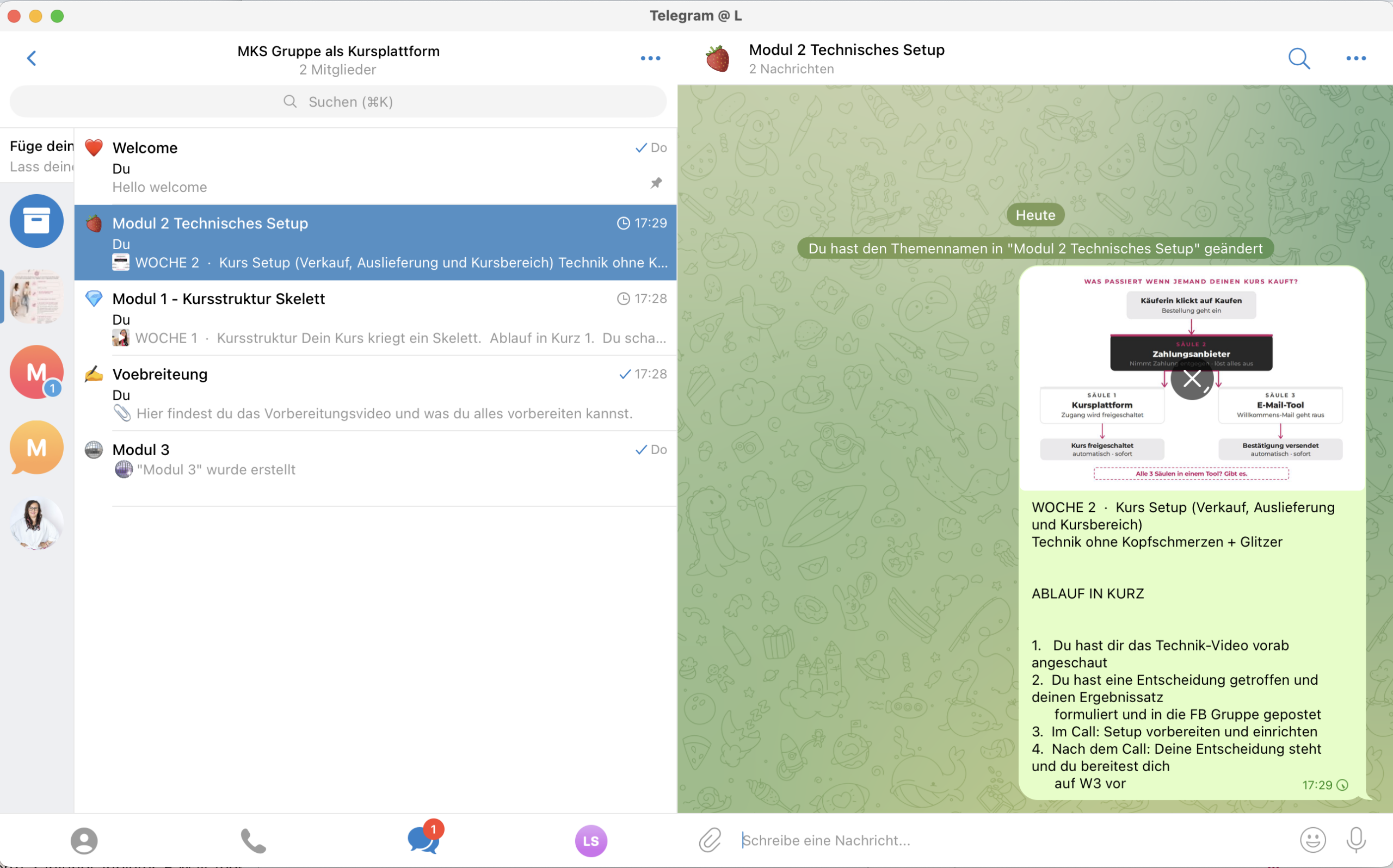 Telegram als Kursbereich: Gruppe mit Modulen als Themen strukturiert